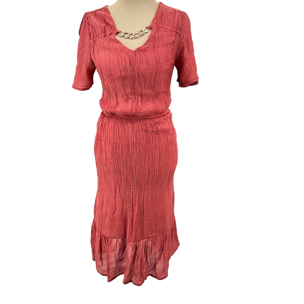 Luxology Womens Coral Pink Crinkle Midi Dress Chain Detail Ruffle Hem Size M‎